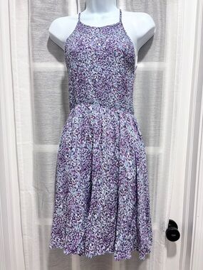Kimchi Blue Verlina Smocked Bodice Mini Dress Purple Blue Printed Halter Small
